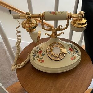 Vintage Floral Rotary Phone with Gold Accents
